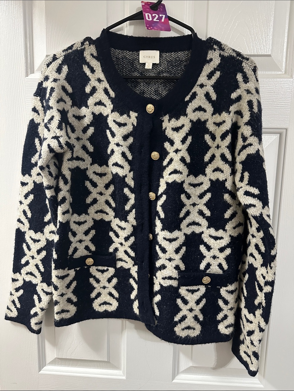Cyrus Navy and Cream Geometric Button Cardigan